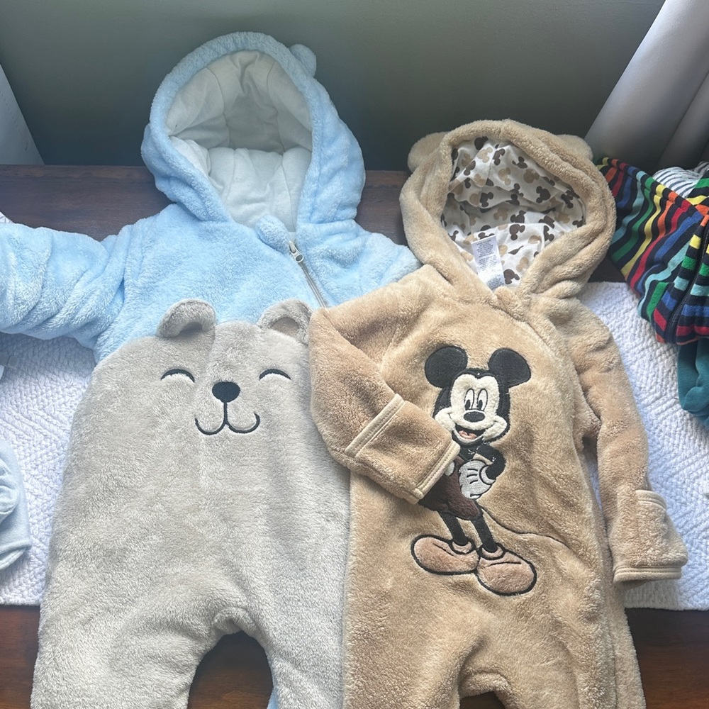 Set of 2 snow suits Disney Baby Mickey Mouse Tan Plush One-Piece